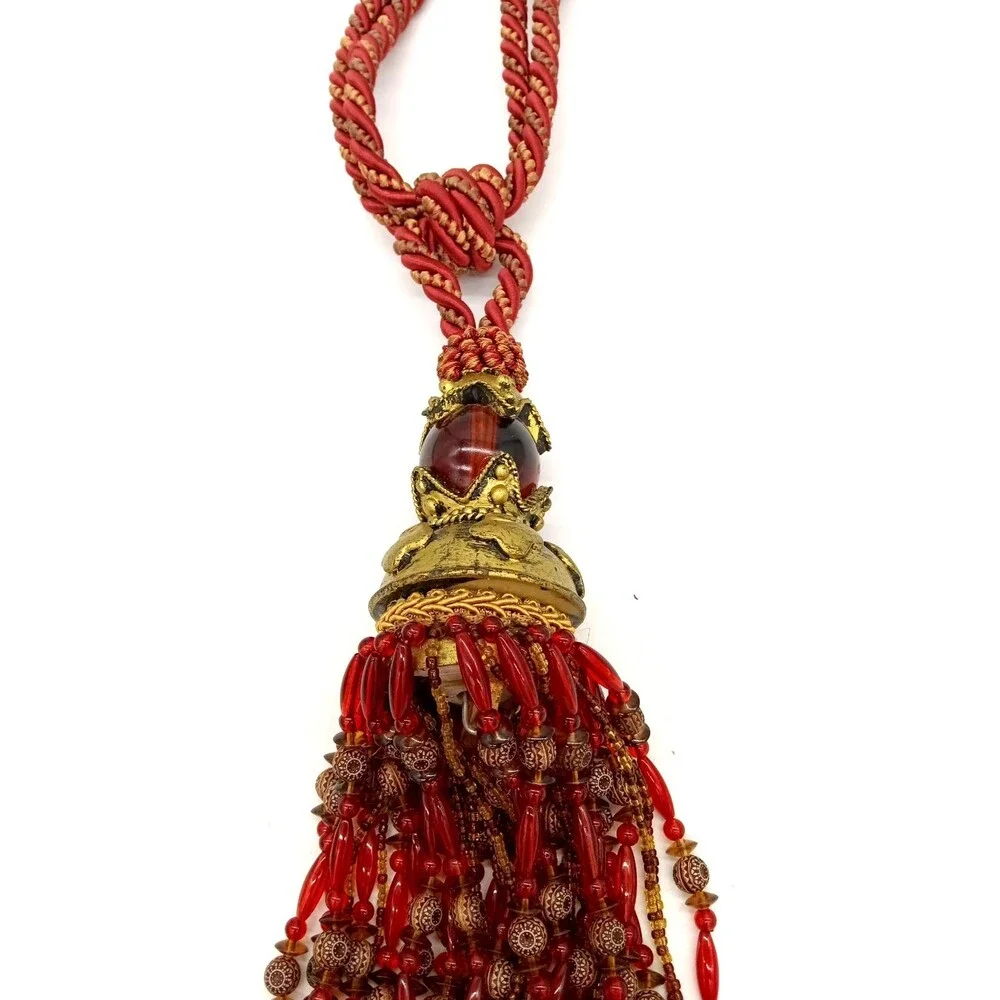 Vintage Red & Gold Braided Large Boho Style Curtain Tieback with Beaded Tassel